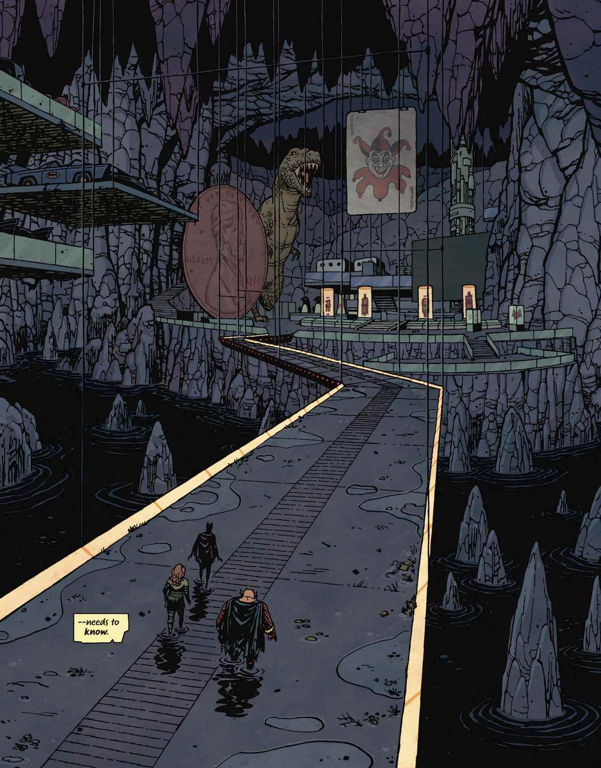 Catwoman, Poison Ivy et Etrigan le démon traversent la Batcave inondée dans une énorme image d'une page dans Catwoman: Lonely City # 4 (2022). 