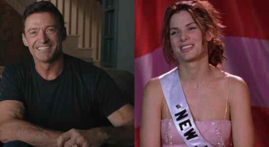 Left to right: Hugh Jackman in the Deadpool 3 announcement and Sandra Bullock on stage in Miss Congeniality.