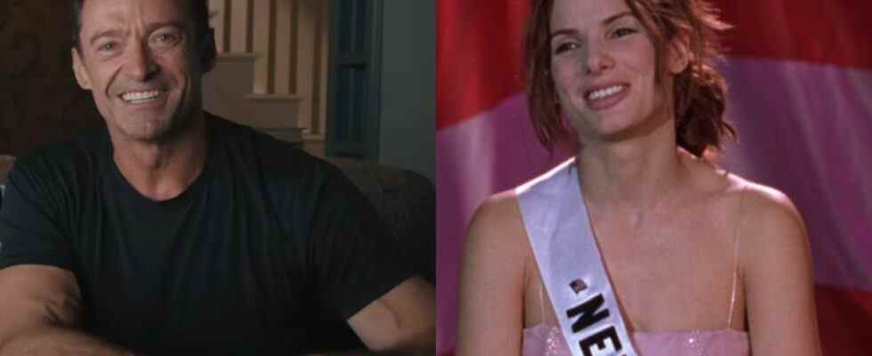 Left to right: Hugh Jackman in the Deadpool 3 announcement and Sandra Bullock on stage in Miss Congeniality.