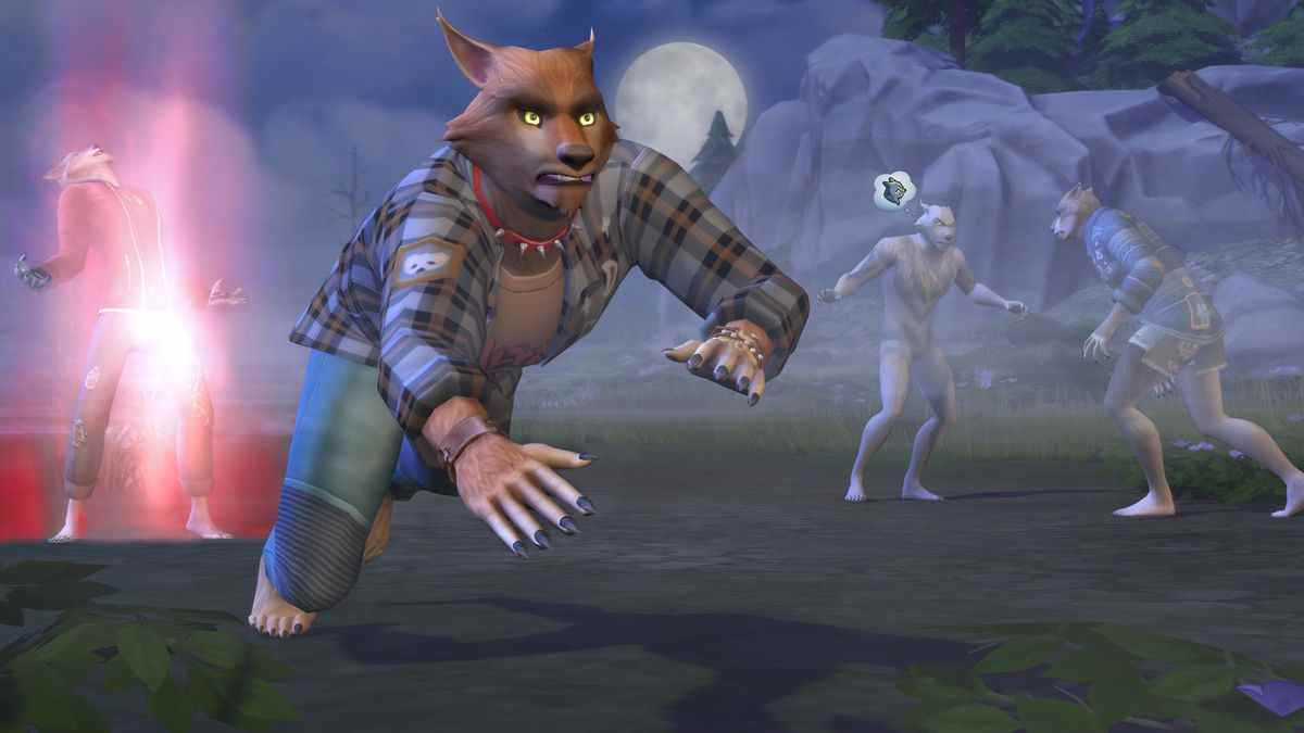 Les Sims 4 - Une meute de loups-garous traîne sous la pleine lune, bondissant à quatre pattes, hurlant vers le ciel et se livrant à des combats de loups-garous