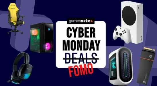 Cyber Monday FOMO hero image with gaming hardware surrounding a deals stamp that