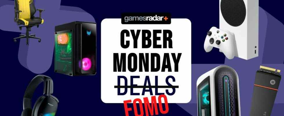 Cyber Monday FOMO hero image with gaming hardware surrounding a deals stamp that