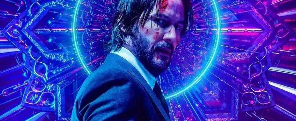 John Wick of John Wick fame framed in a neon halo with purple background