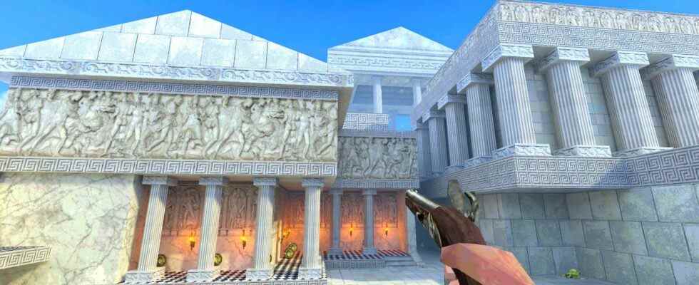 Player examining classical greek architecture while holding flintlock