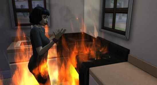 A house on fire in the Sims