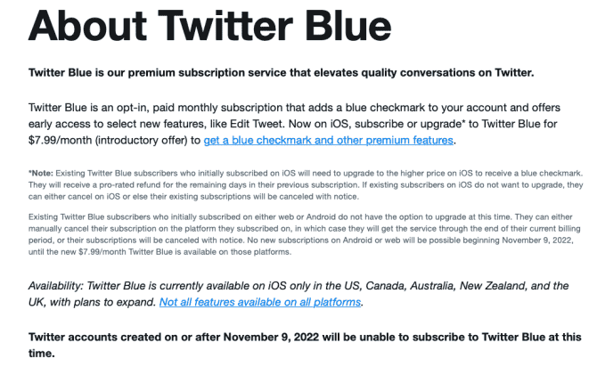 Conditions de Twitter Blue le 10 novembre indiquant que les comptes créés après le 9 novembre ne peuvent pas s'inscrire à Twitter Blue
