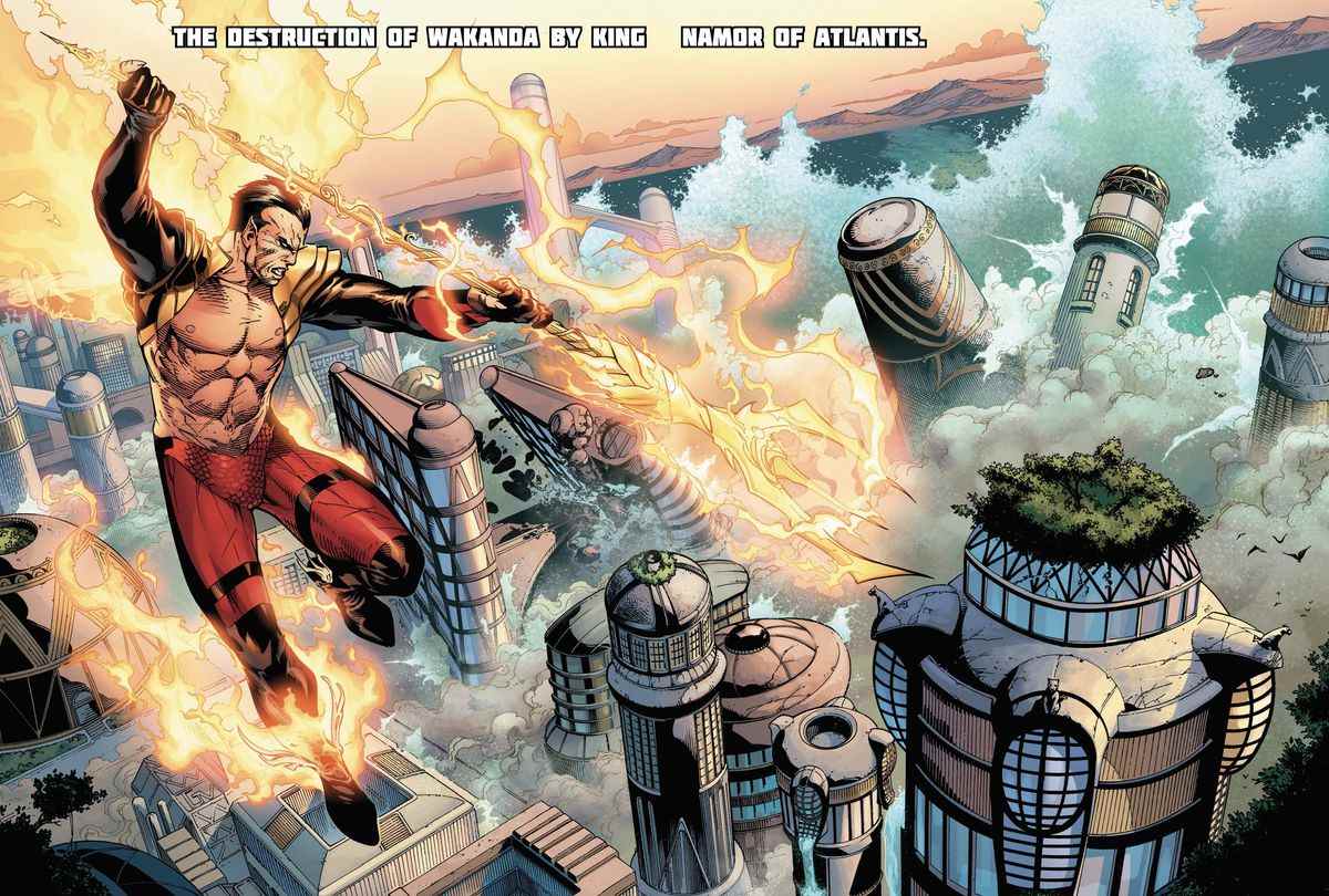 Avec des pieds ailés enflammés et un énorme trident enflammé, Namor écrase une ville wakandaise sous une vague massive dans Avengers contre X-Men # 8 (2021).