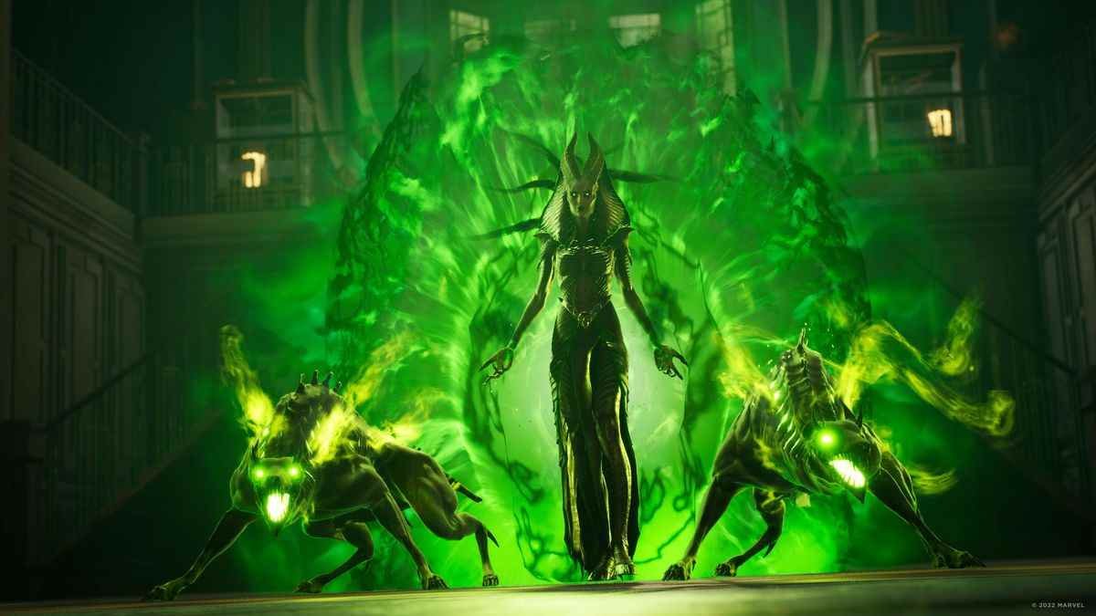 Le méchant démon Lillith émerge d'un royaume vert ardent, flanqué de chiens aux yeux verts brillants, dans Marvel's Midnight Suns