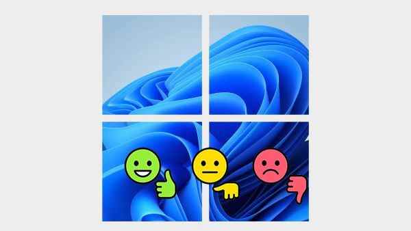 Thumbs up, down and meh emojis in front of a windows 11 logo.