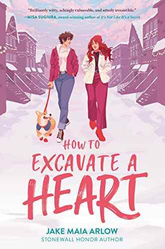 couverture de How to Excavate a Heart de Jake Maia Arlow ;  illustration de deux jeunes femmes promenant un chien dans une rue enneigée
