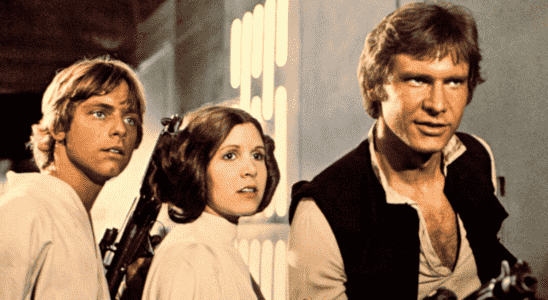 Mark Hamill, Carrie Fisher and Harrison Ford in Star Wars: A New Hope 1977