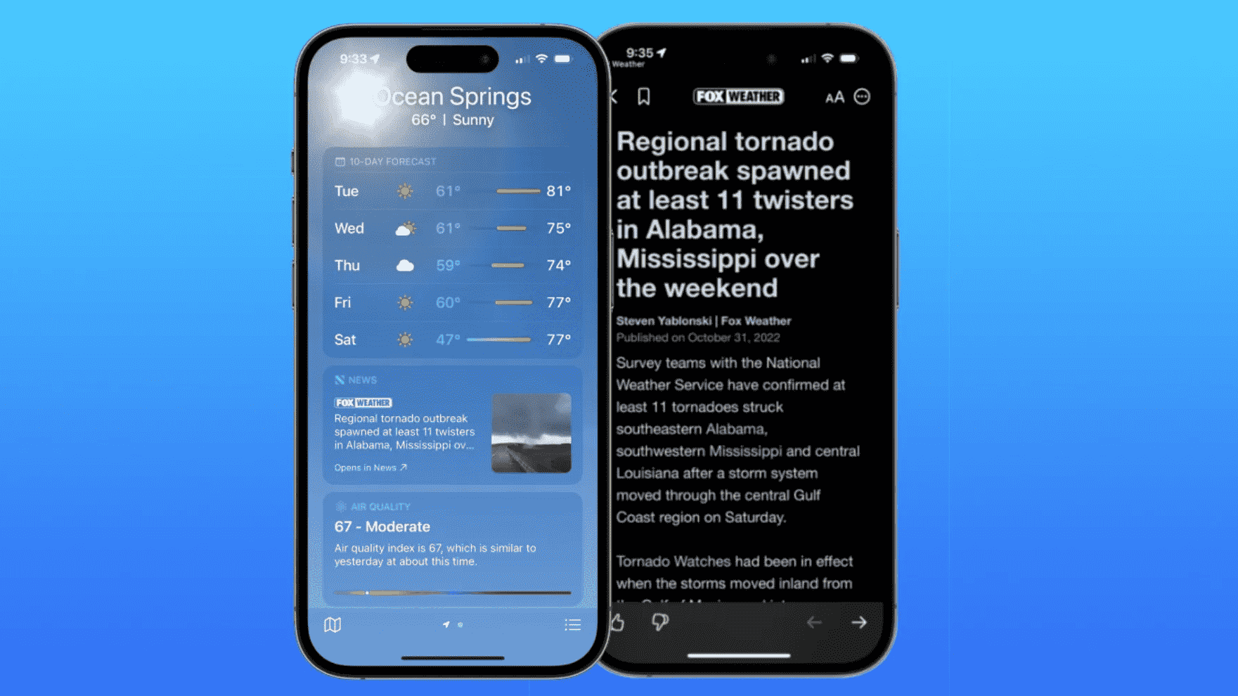 Captures d'écran montrant la fonctionnalité d'actualités météorologiques régionales dans la version bêta d'iOS 16.2