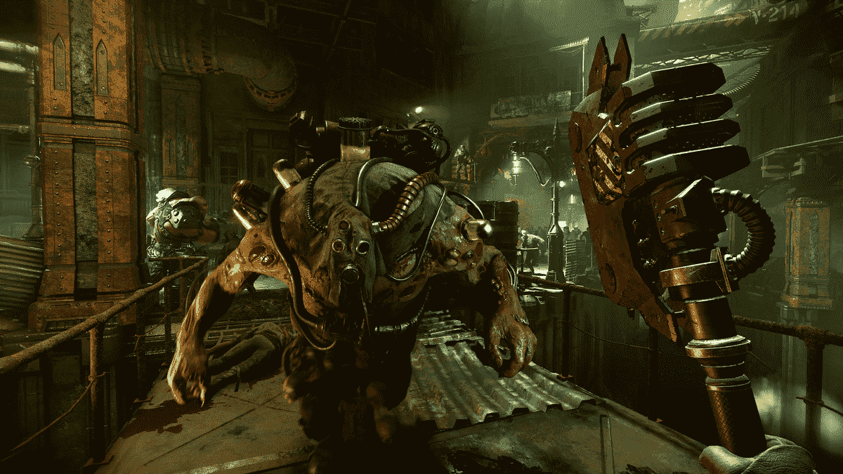 Le joueur lève un marteau pour frapper un membre plus important de la milice Moebian Sixth qui a été corrompu par le chaos dans Warhammer 40K: Darktide