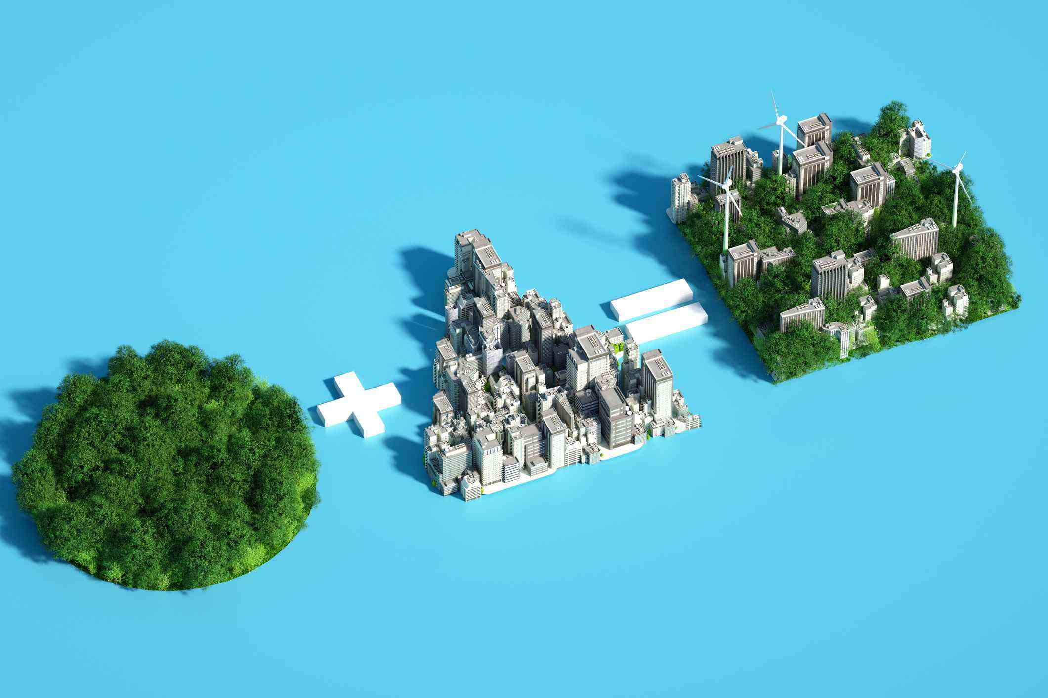 Concept de ville durable — bâtiments et arbres sur fond bleu