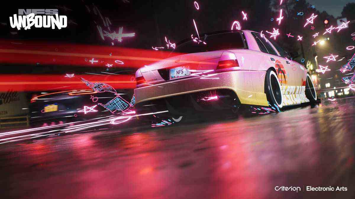 Gros plan sur la vue arrière d'une voiture de course mettant en évidence les graffitis élégants et les effets d'éclairage qui font partie de Need for Speed ​​Unbound