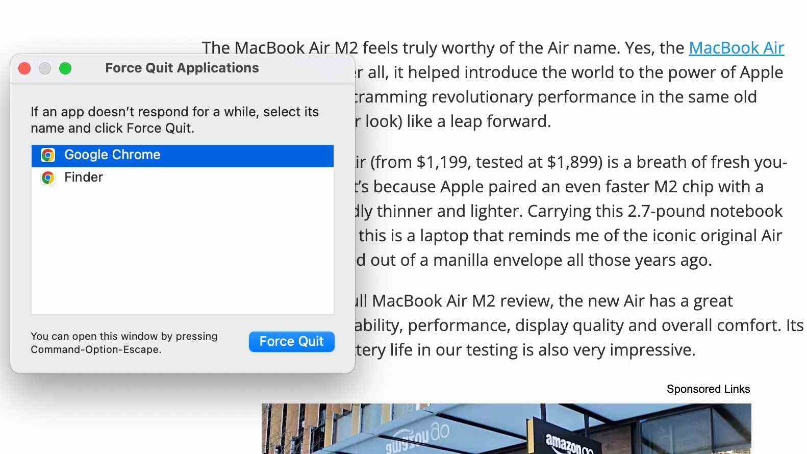 Une capture d'écran du menu de fermeture forcée sur un MacBook