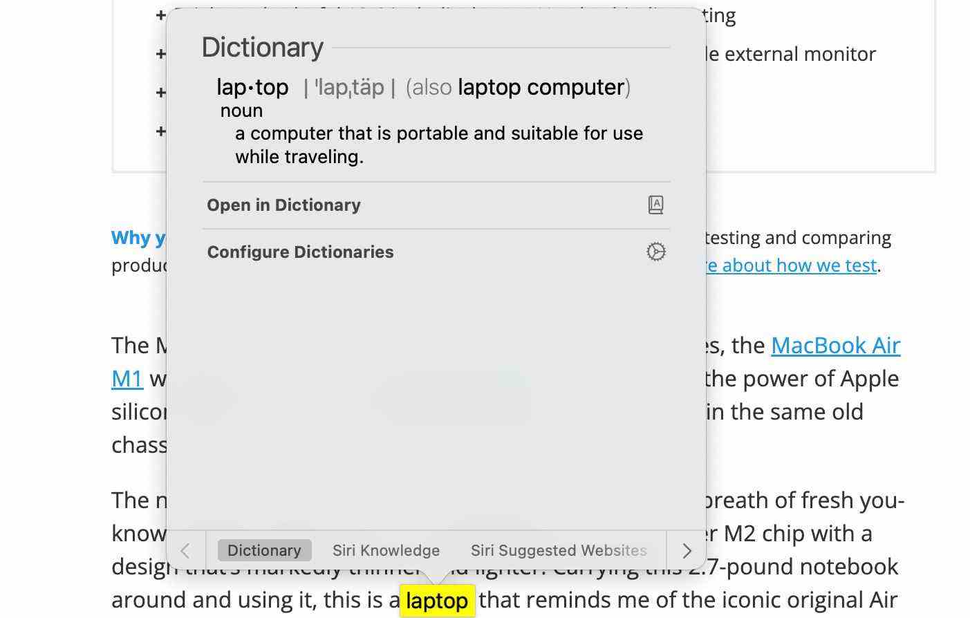 Une capture d'écran de la fonction de définition de mot sur un MacBook