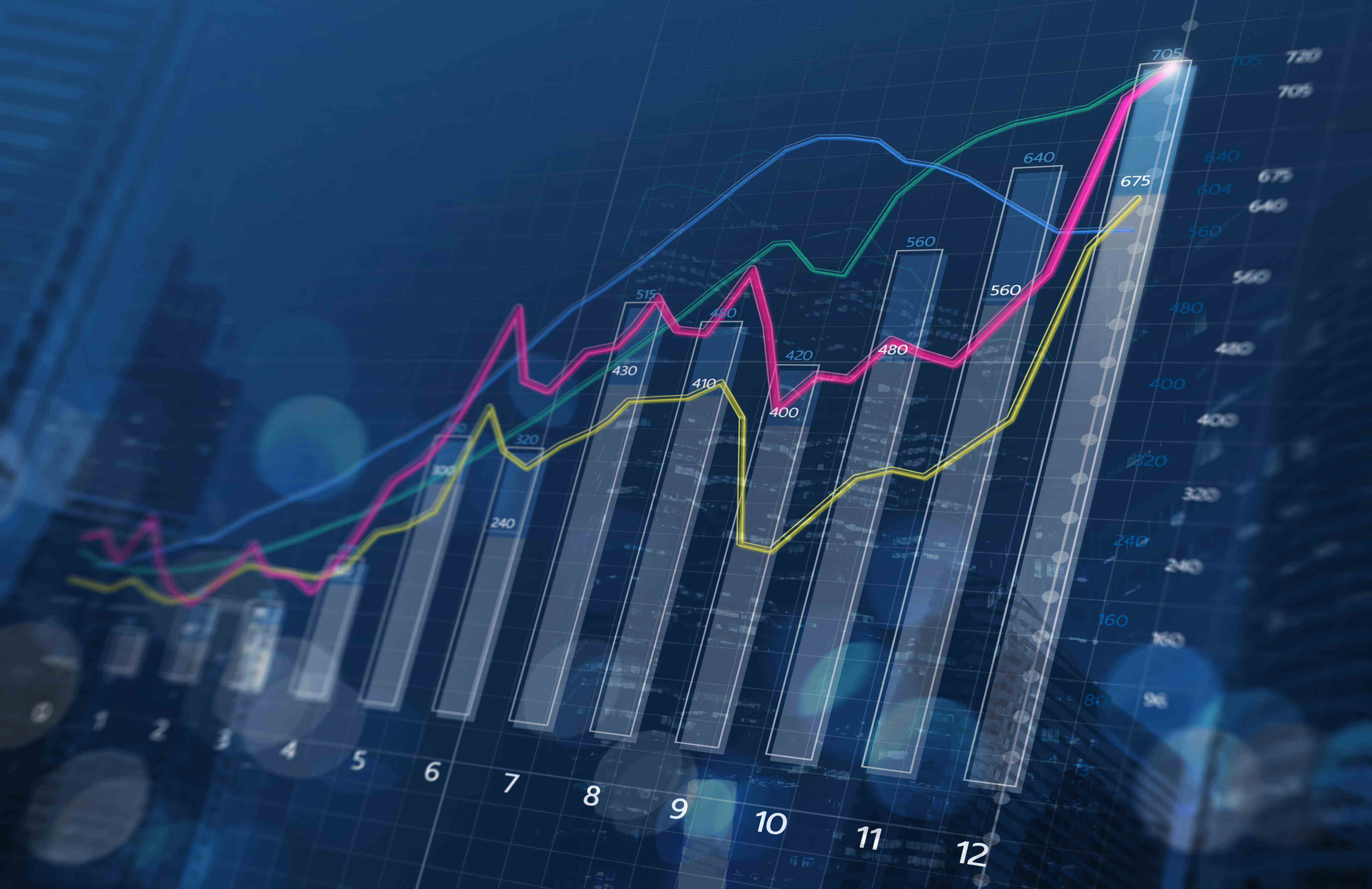 Image d'un graphique à barres et de lignes ascendantes sur fond bleu pour représenter la croissance des ventes aux développeurs via une stratégie de données cohérente.
