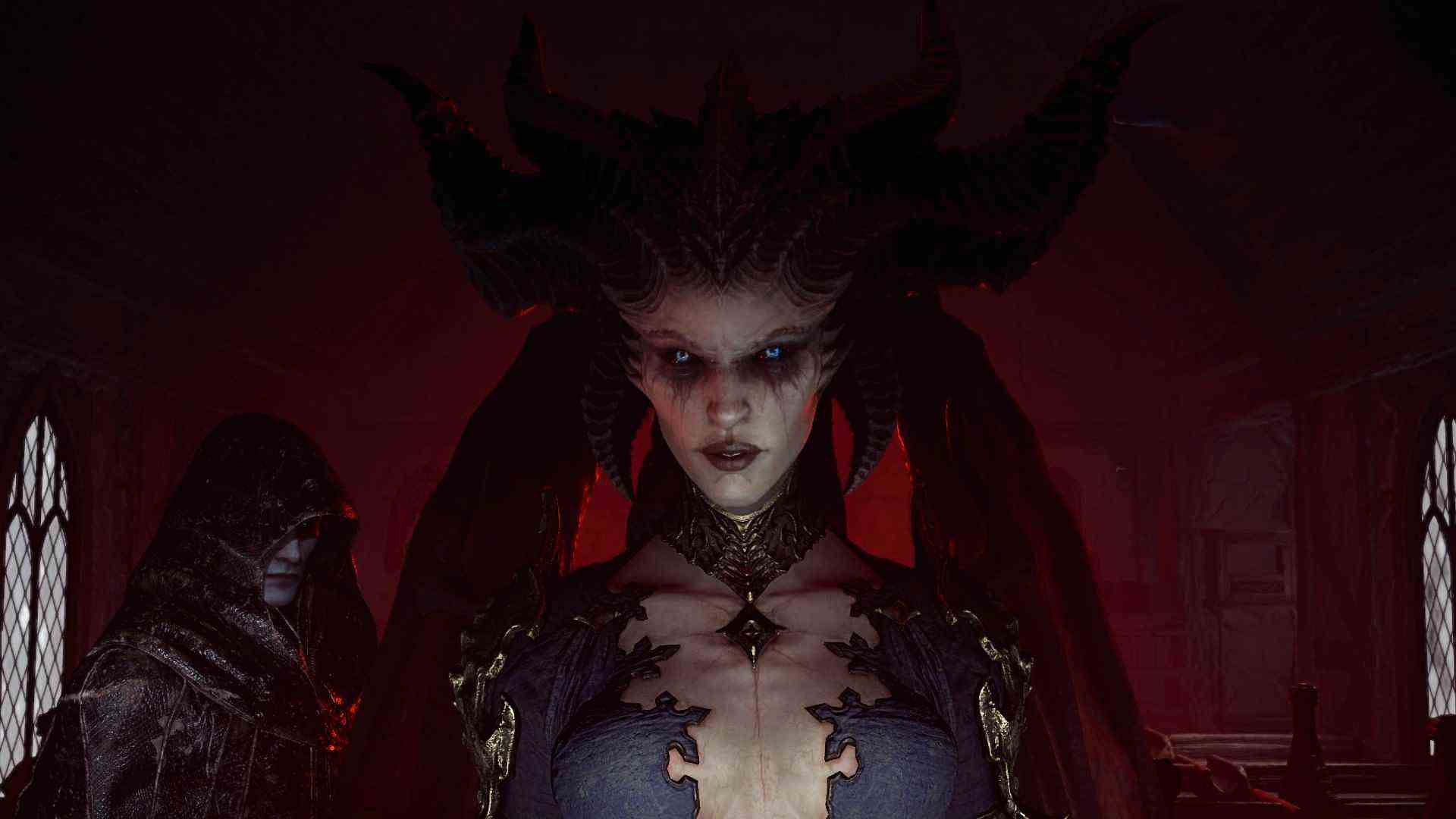 Lilith, la méchante de Diablo 4, se dirige vers l'écran dans une église sombre