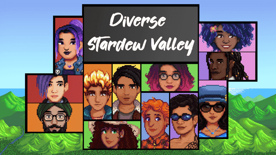 Une image patchwork de personnages de Stardew Valley modifiés à l'aide de Diverse Stardew Valley pour être une gamme de races plus inclusive.