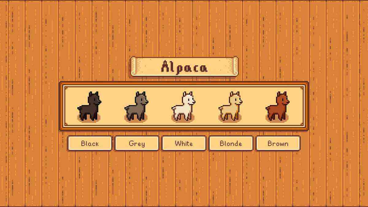 Une série de sprites d'alpaga dans le style de Stardew Valley.  Les options proviennent du mod New Barn Animals.