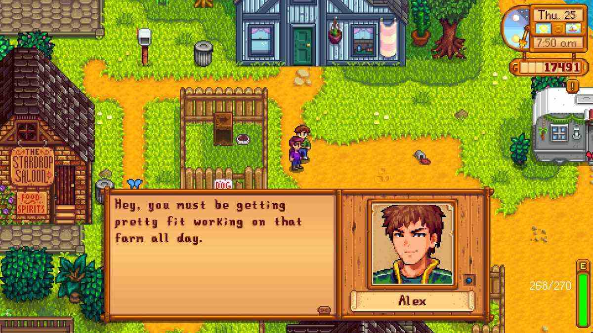 Une capture d'écran de Stardew Valley où Alex parle.  Le portrait d'Alex, grâce au mod Anime Portraits, a été refait dans un style anime.