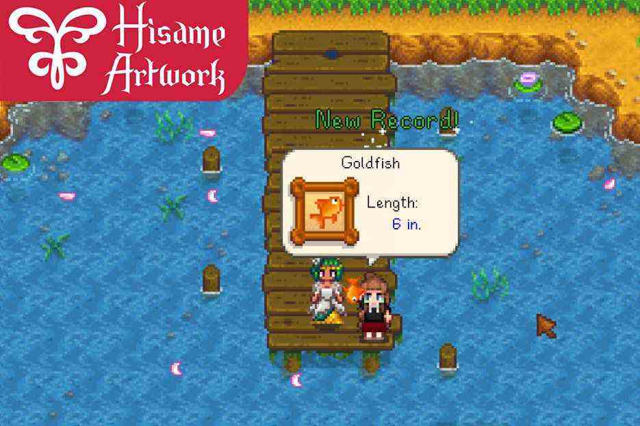 Un joueur de Stardew Valley attrapant un poisson rouge, dans le cadre du mod More New Fish.