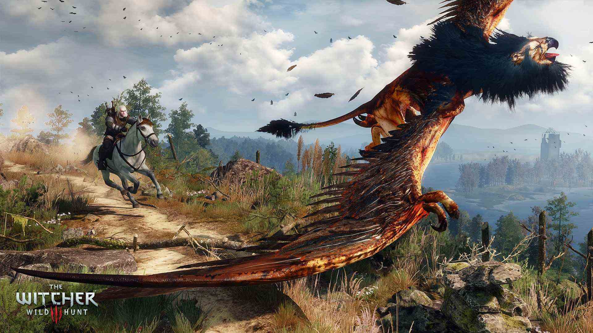 Geralt chasse une Wyvern dans The Witcher 3