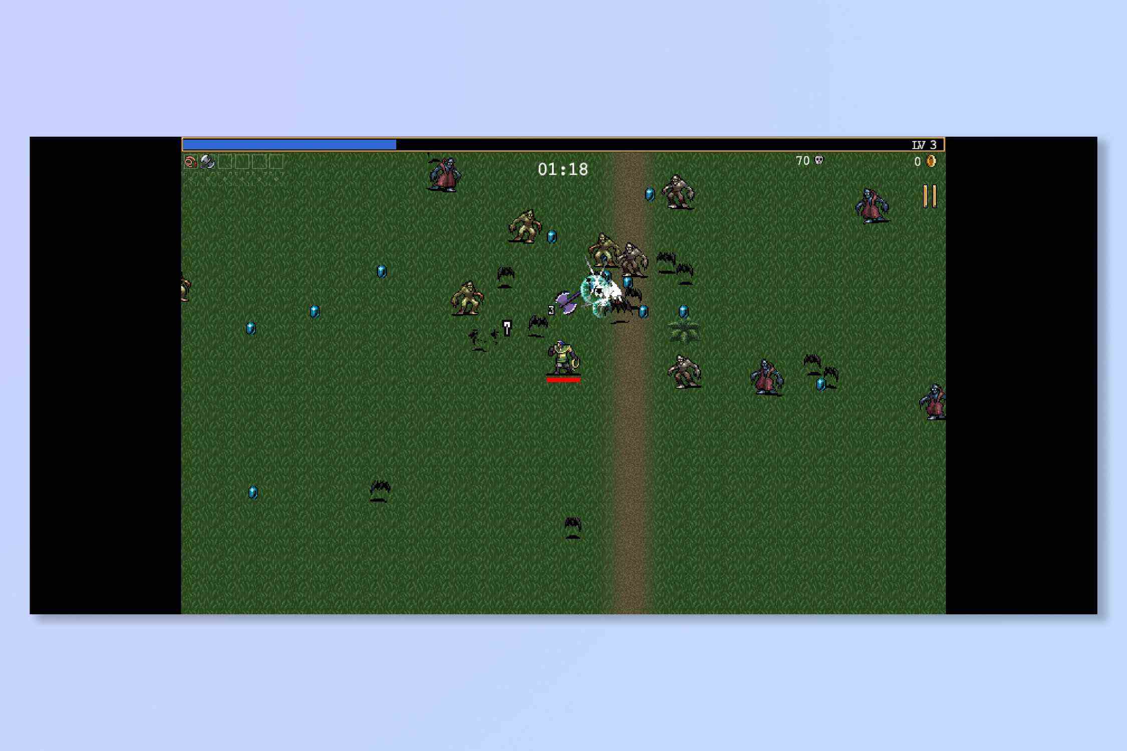 Capture d'écran du gameplay de survivants de vampires - le joueur entouré de chauves-souris et de démons