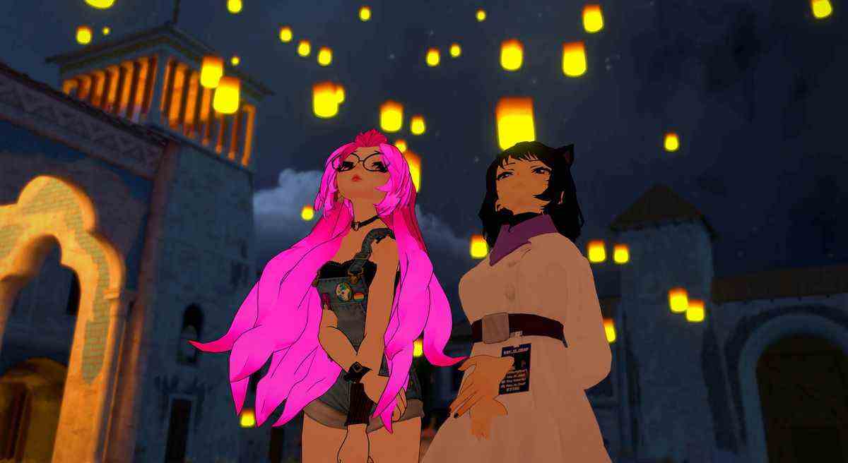 Deux avatars de style anime VRChat, une fille aux longs cheveux roses et une catgirl aux cheveux noirs, regardent des lanternes illuminées flotter dans les airs dans We Met In Virtual Reality