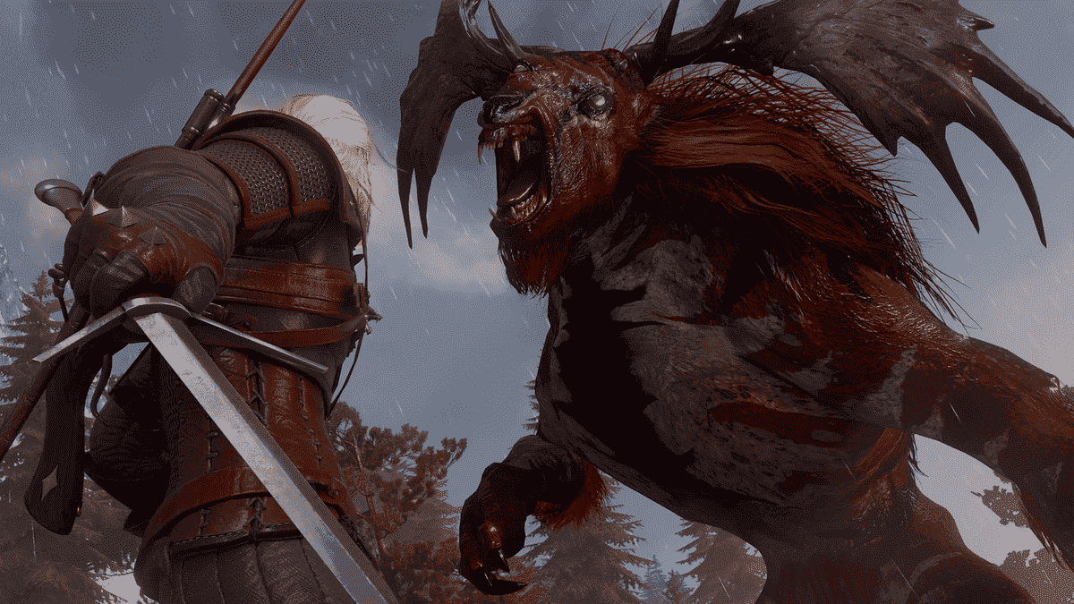 Geralt de Riv affronte un monstre ressemblant à un minotaure dans la mise à niveau nouvelle génération de The Witcher 3: Wild Hunt sur PS5