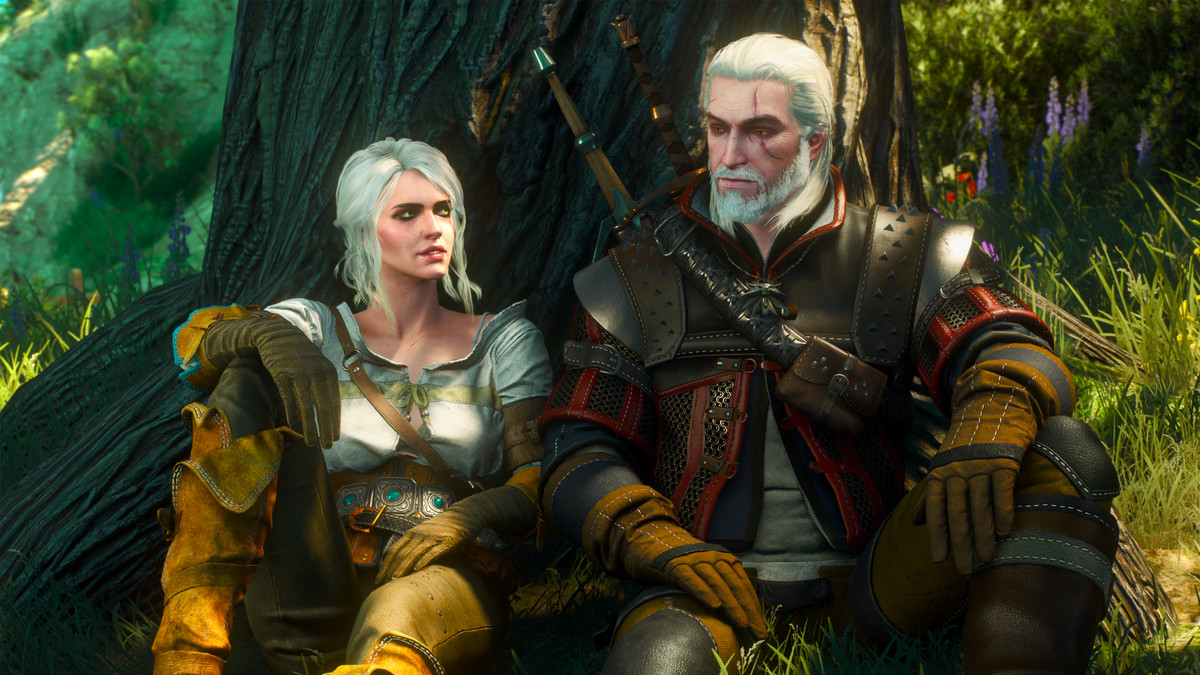 Les Witchers Ciri et Geralt of Rivia reposent contre le tronc d'un arbre dans la mise à niveau nouvelle génération de The Witcher 3: Wild Hunt sur Xbox Series X