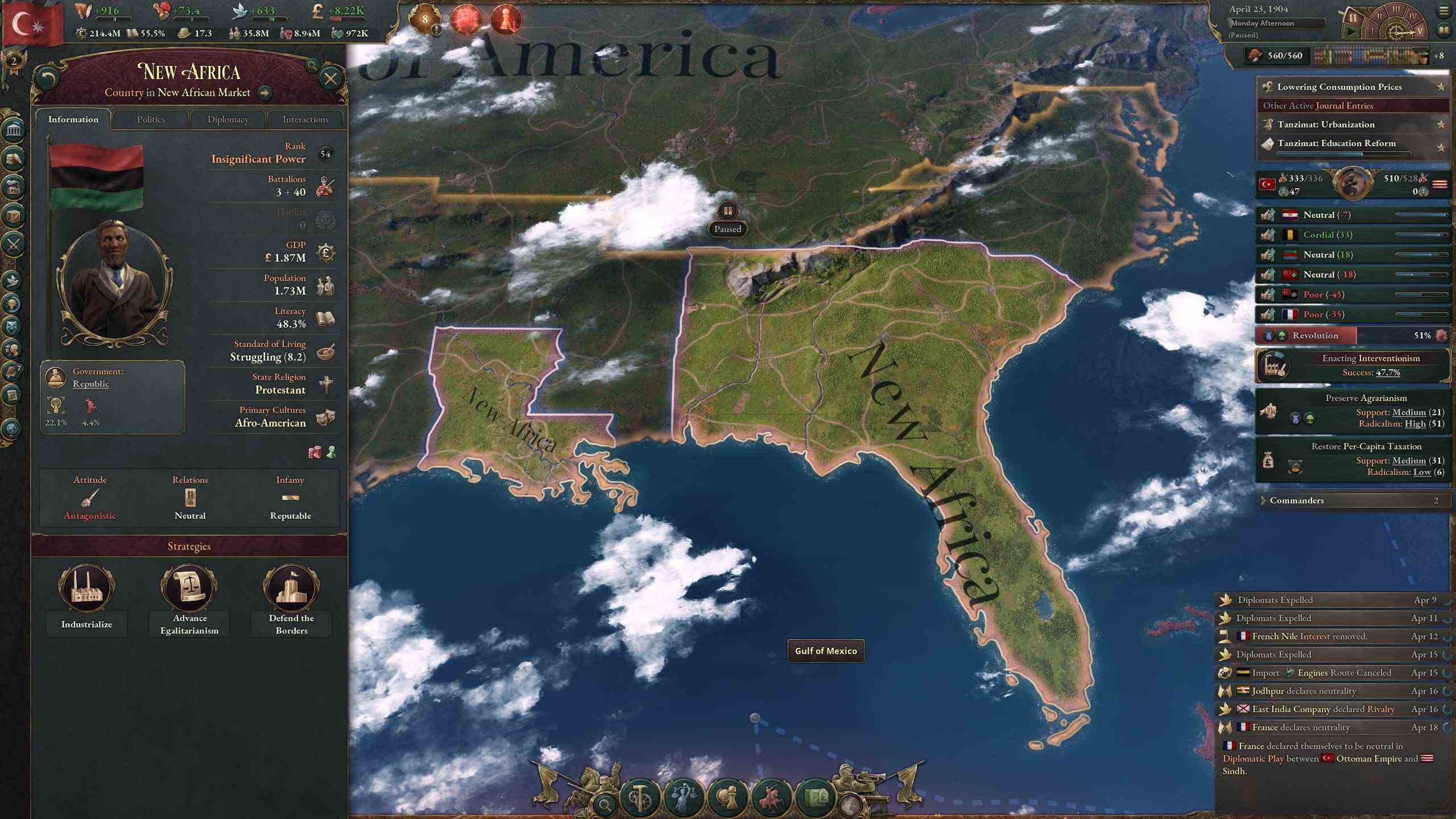Carte Victoria 3 avec la Floride contrôlée par New Africa
