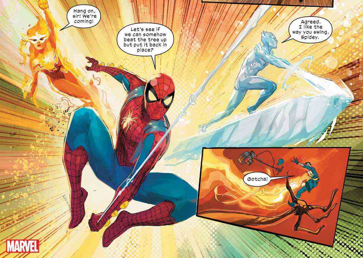 Spider-Man, Iceman et Firestar entrent en action, partageant quelques plaisanteries alors qu'ils vont sauver un homme d'une main géante ressemblant à du bois