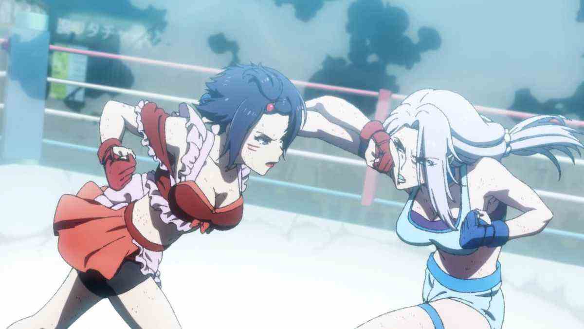 Une anime girl aux cheveux violets en short de boxe rouge avec des volants roses frappe une anime girl aux cheveux argentés en short de boxe bleu turquoise.