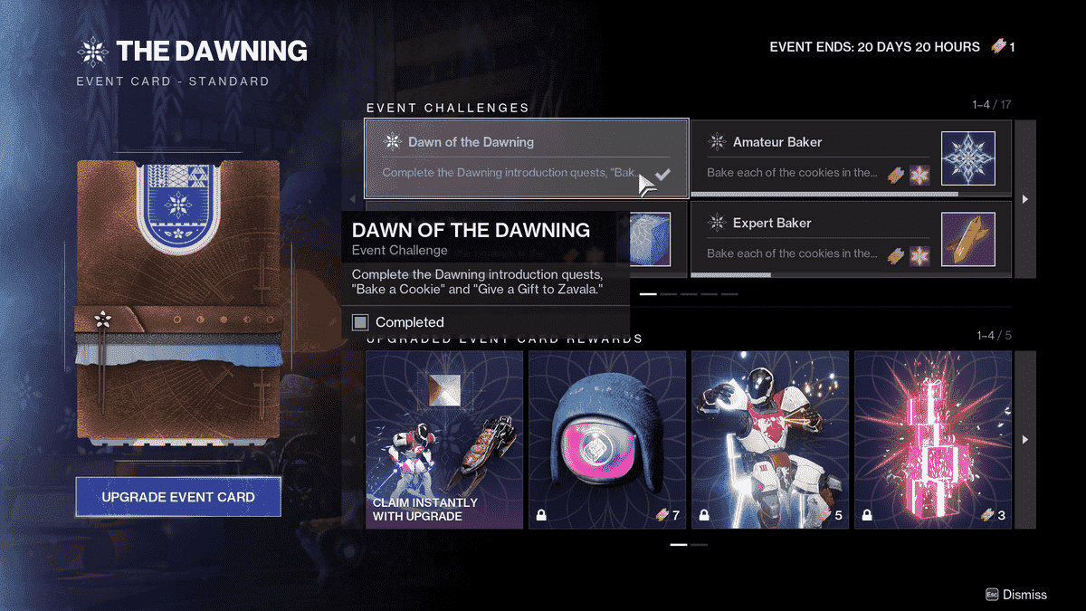 Un aperçu du menu des défis saisonniers pour l'événement Dawning de Destiny 2