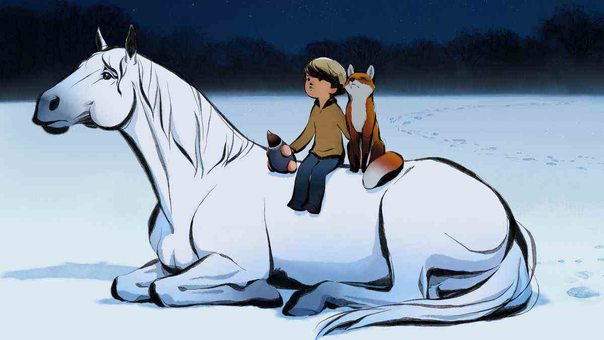 Un garçon, un renard et une taupe sont assis sur un cheval dans une image animée dessinée à la main du garçon, la taupe, le renard et le cheval