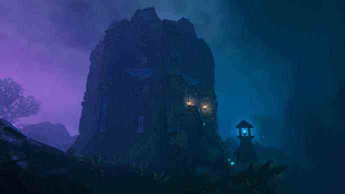 Mise à jour de Valheim Mistlands - une grande structure rocheuse dans une brume violet foncé et bleue