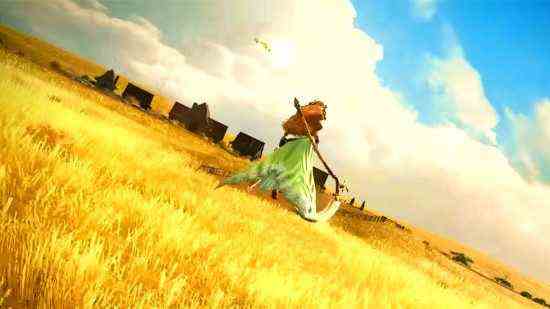 FFXIV Live Letter 75 - une femme géante vêtue d'une robe verte et tenant une faux se dresse au milieu de champs dorés, sous un beau ciel bleu