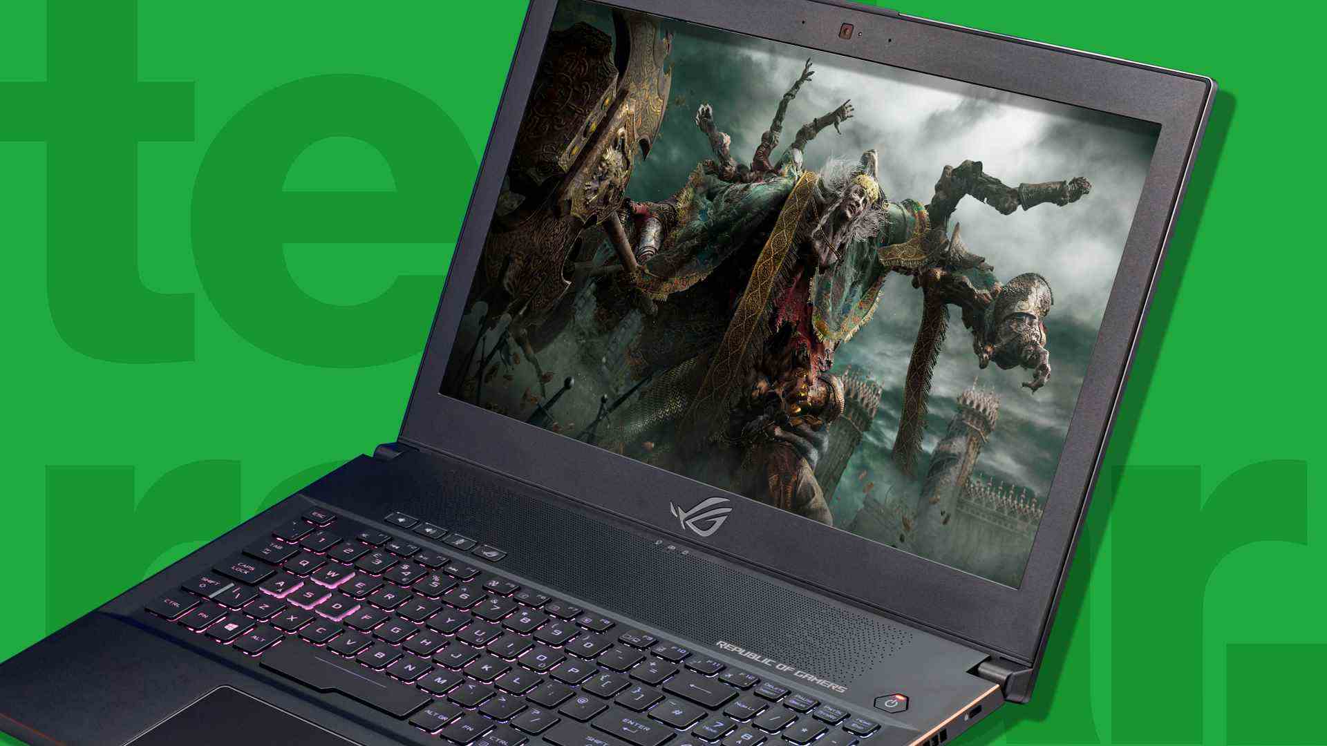 Elden Ring jouant sur un ordinateur portable de jeu Asus ROG sur fond vert