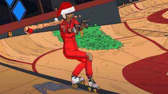 Le patineur de Rollerdrome porte un chapeau de Noël tout en portant des armes