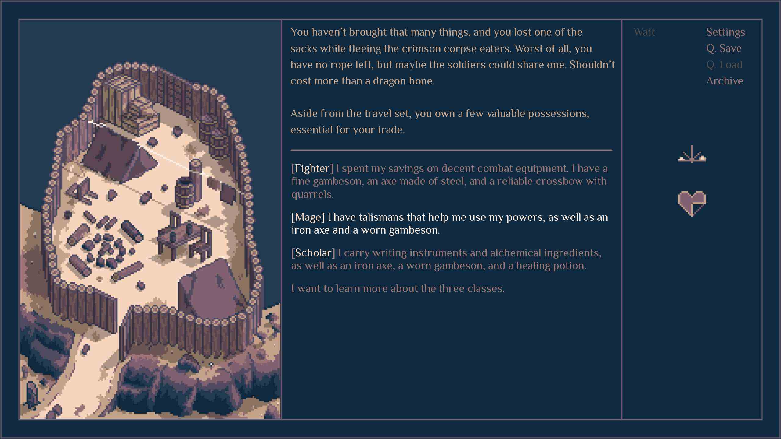 Roadwarden - Une illustration d'un fort en rondins, des options de choix permettant à un joueur de choisir l'une des trois classes et la santé du joueur dans la barre latérale droite.