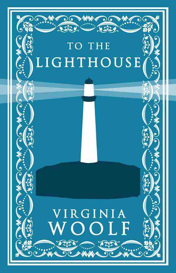 Un fond bleu avec un phare plat 2d sur la couverture de To the Lighthouse de Virginia Woolf 