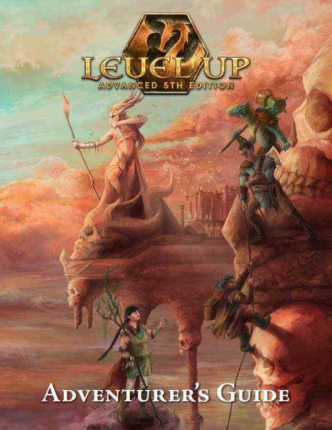La couverture de Level Up: Advanced 5th Edition's Adventurer's Guide, un livre qui s'appuie sur le SRD en utilisant l'OGL pour créer une version plus complexe de la 5e édition Dungeons &  Dragons.