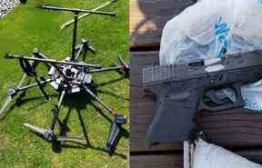 Un drone transportant 11 armes de poing a été transporté des États-Unis à Port Lambton, en Ontario.  le 29 avril 2022. La machine volante de 7 000 $ est restée coincée dans un arbre et un récupérateur potentiel s'est enfui après avoir été surpris par un propriétaire et son chien.  DOCUMENT DE L'OPP
