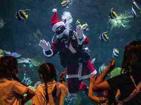 Un plongeur déguisé en Père Noël salue les visiteurs de l'aquarium Sea Life Bangkok Ocean World à Bangkok le 21 décembre 2022. Jack Taylor / AFP