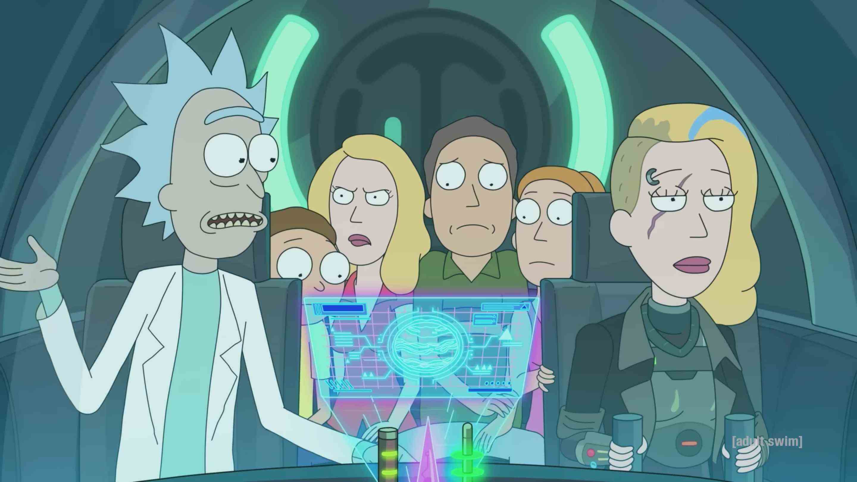 (De gauche à droite) Rick, Morty, Beth, Jerry, Summer et Space Beth sont dans le cockpit d'un navire dans la bande-annonce de la saison 6 de Rick et Morty