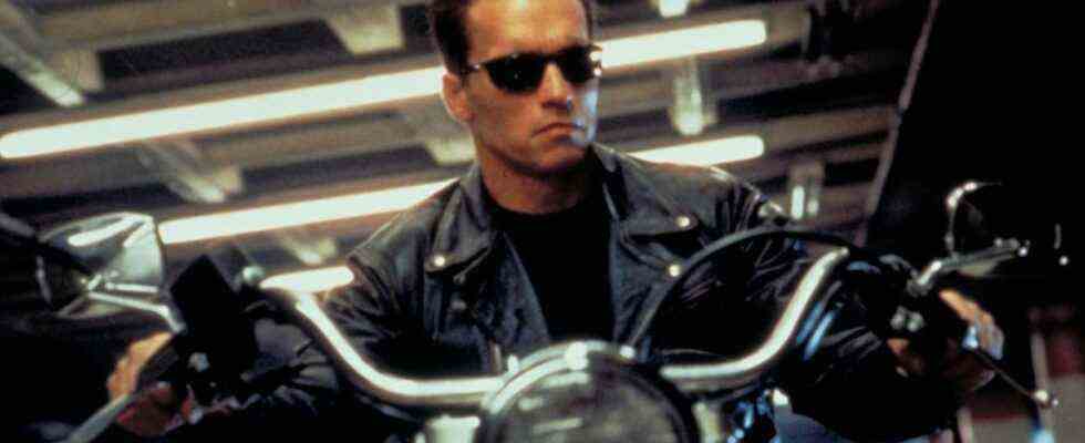 Arnold Schwarzenegger seated on motorcycle in Terminator 2: Judgement Day