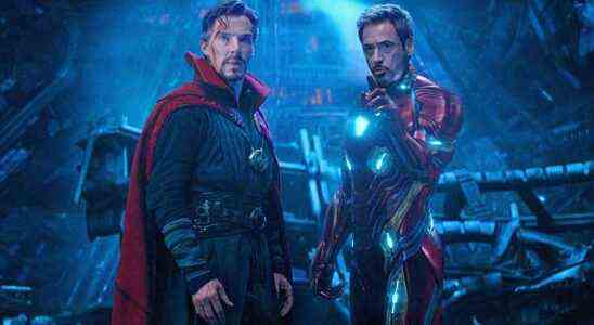Benedict Cumberbatch as Doctor Strange and Robert Downey Jr as Iron Man in Avengers: Infinity War