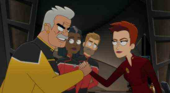 Shaxs and Kira Nerys locking hands in Star Trek: Lower Decks